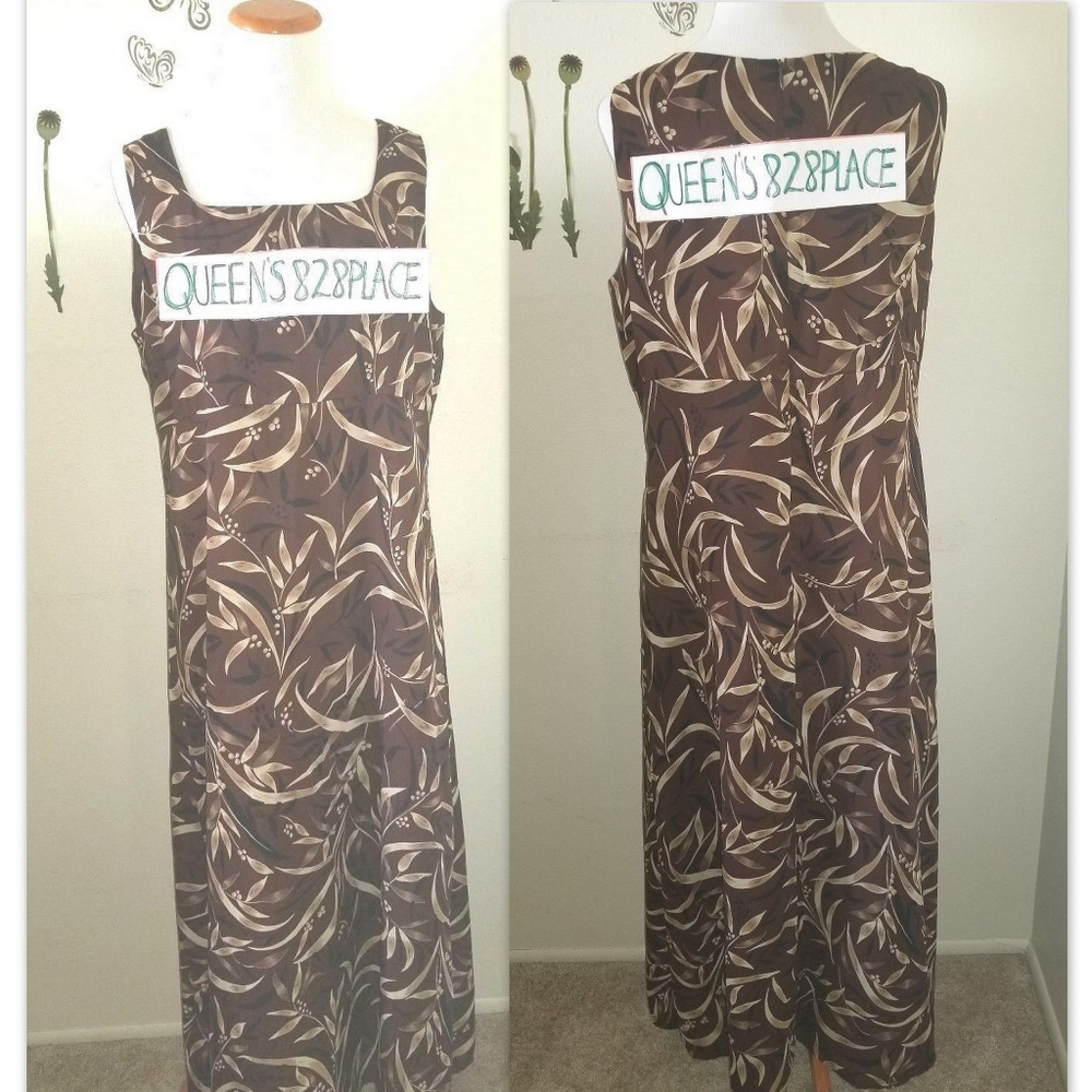 Maggie & Me Size 16 Brown Beige Print Chiffon Long Dress Sleeveless Lined